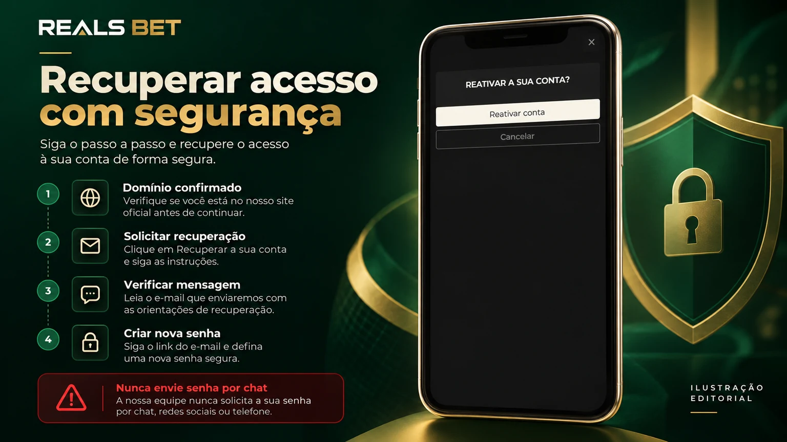 Fluxo editorial de recuperação segura do login Reals Bet