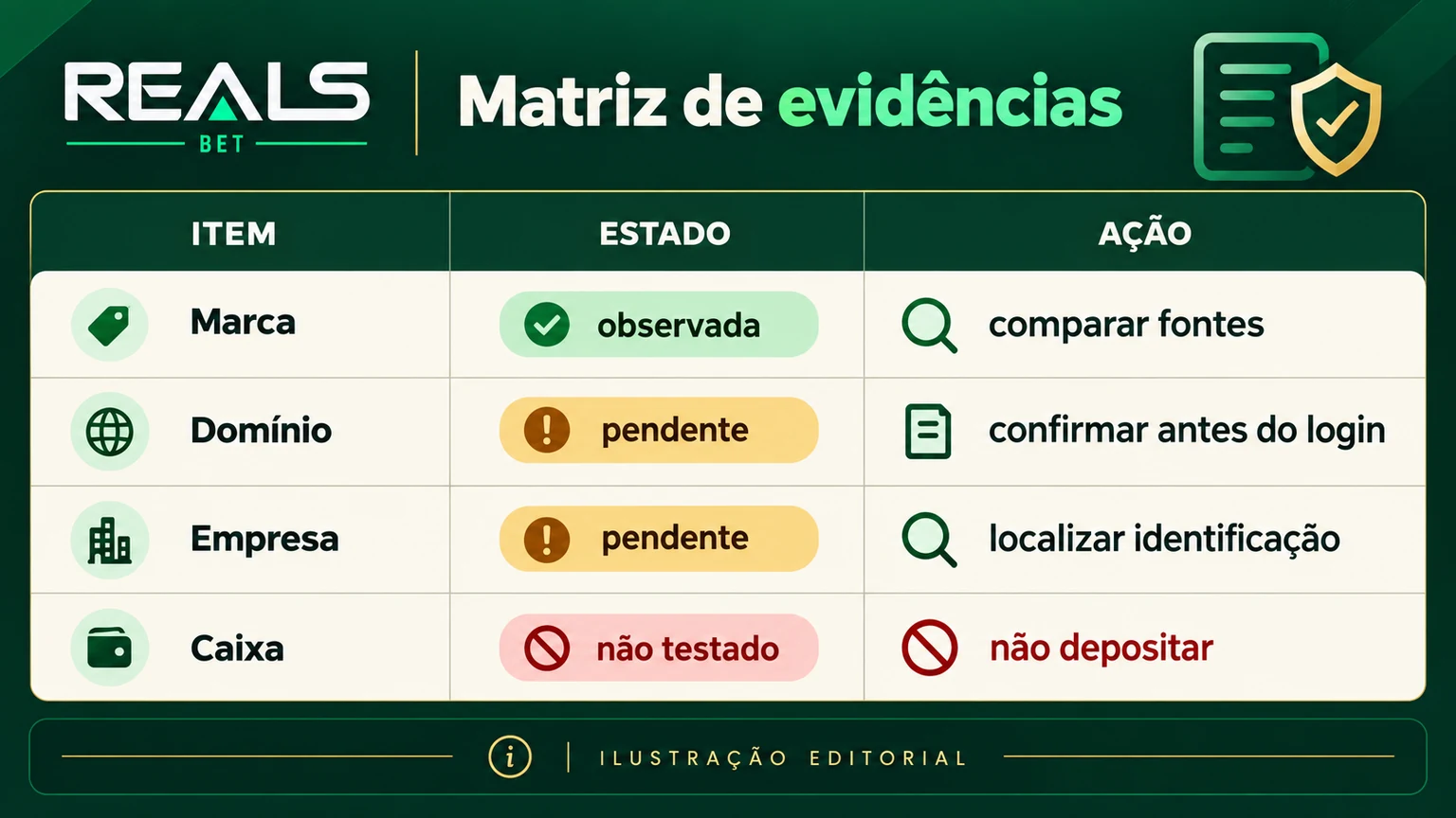 Matriz de evidências usada na avaliação da RealsBet